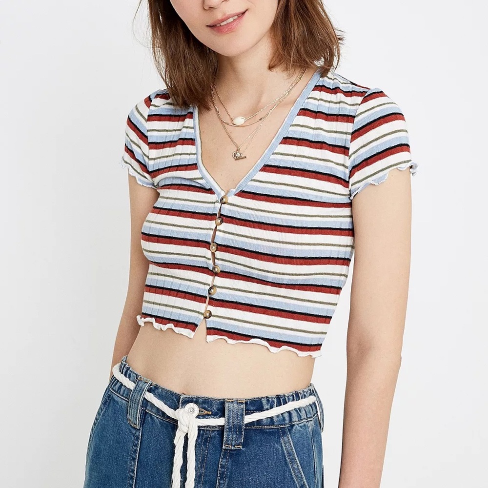 Summerland Striped Button Front V- Neck Crop Top Size Small